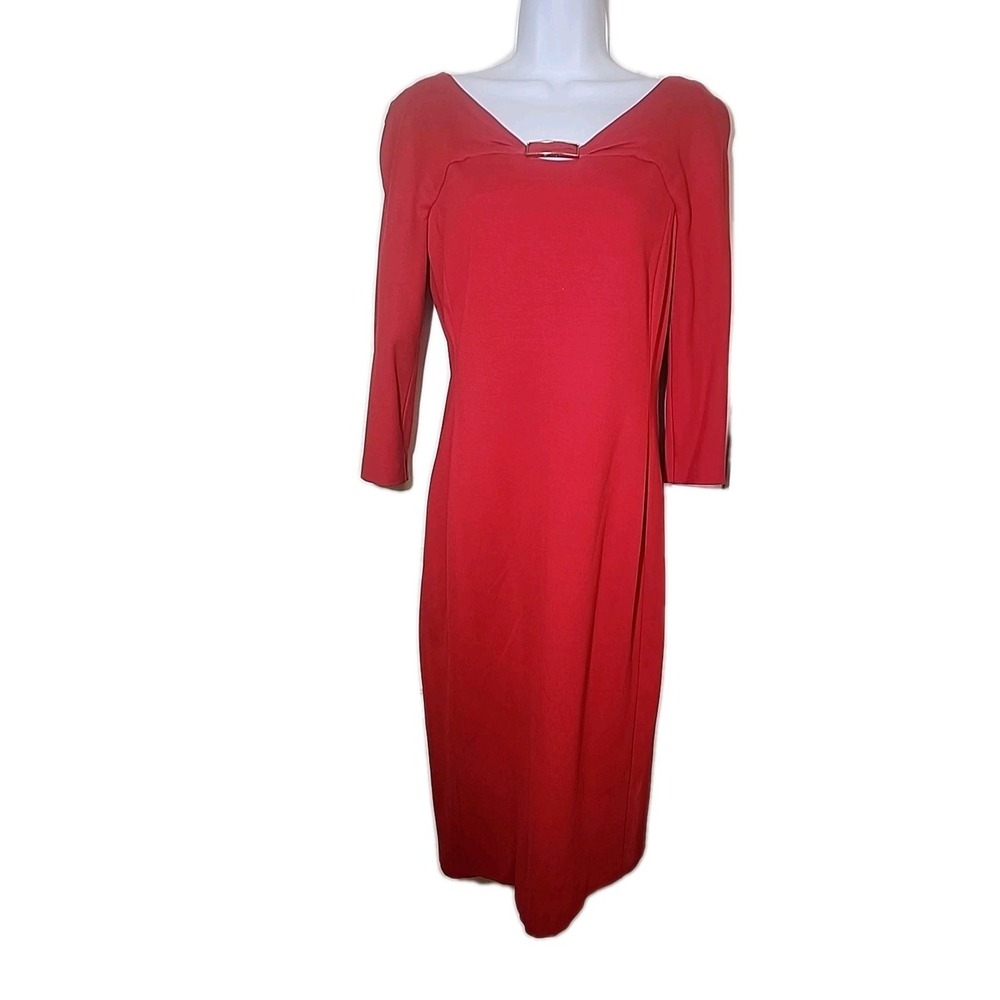 Escada Dress Red Logo Gold Buckle Size 38 Stretch Knee Length‎ Cherry